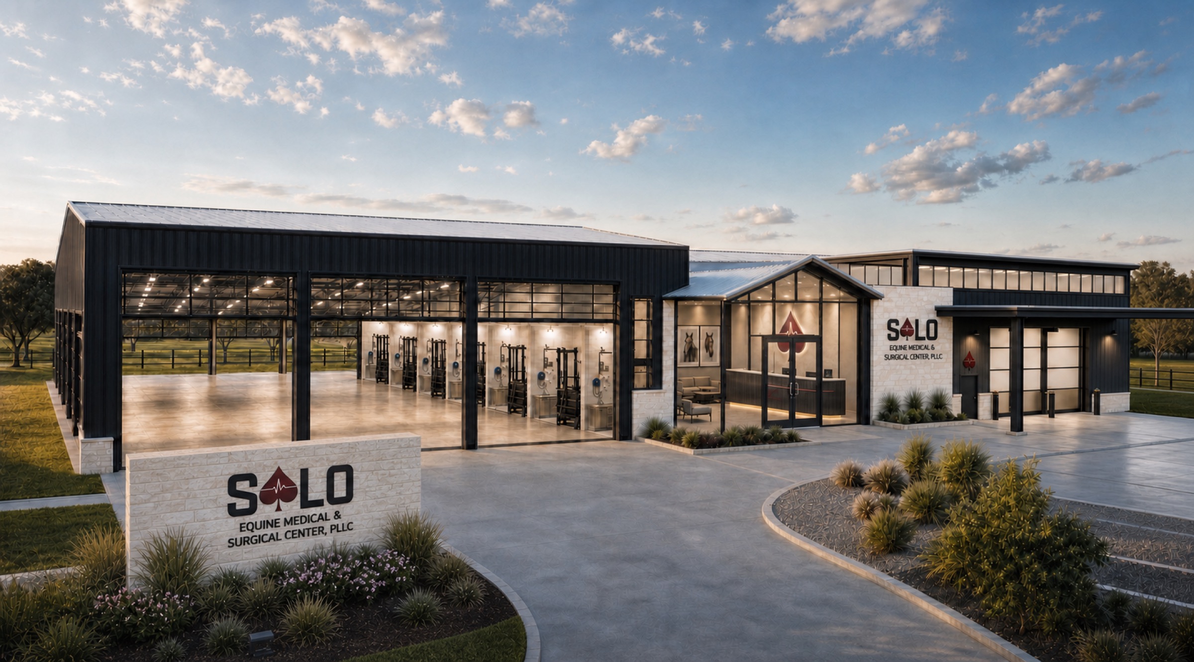 Architectural concept rendering of the planned Solo Equine Medical & Surgical Center in Gainesville, Texas